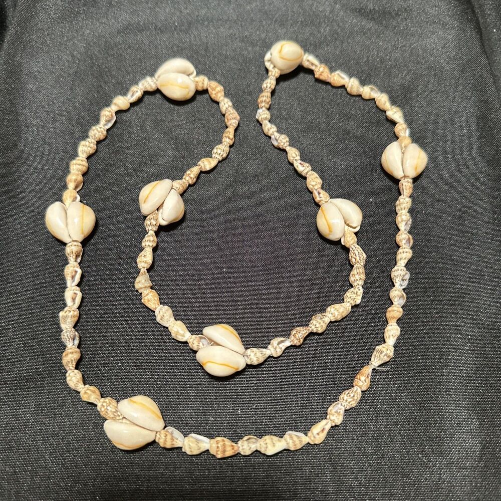 Vintage Beach Boho Polished Double Cowrie And Shell Beaded 35" Necklace